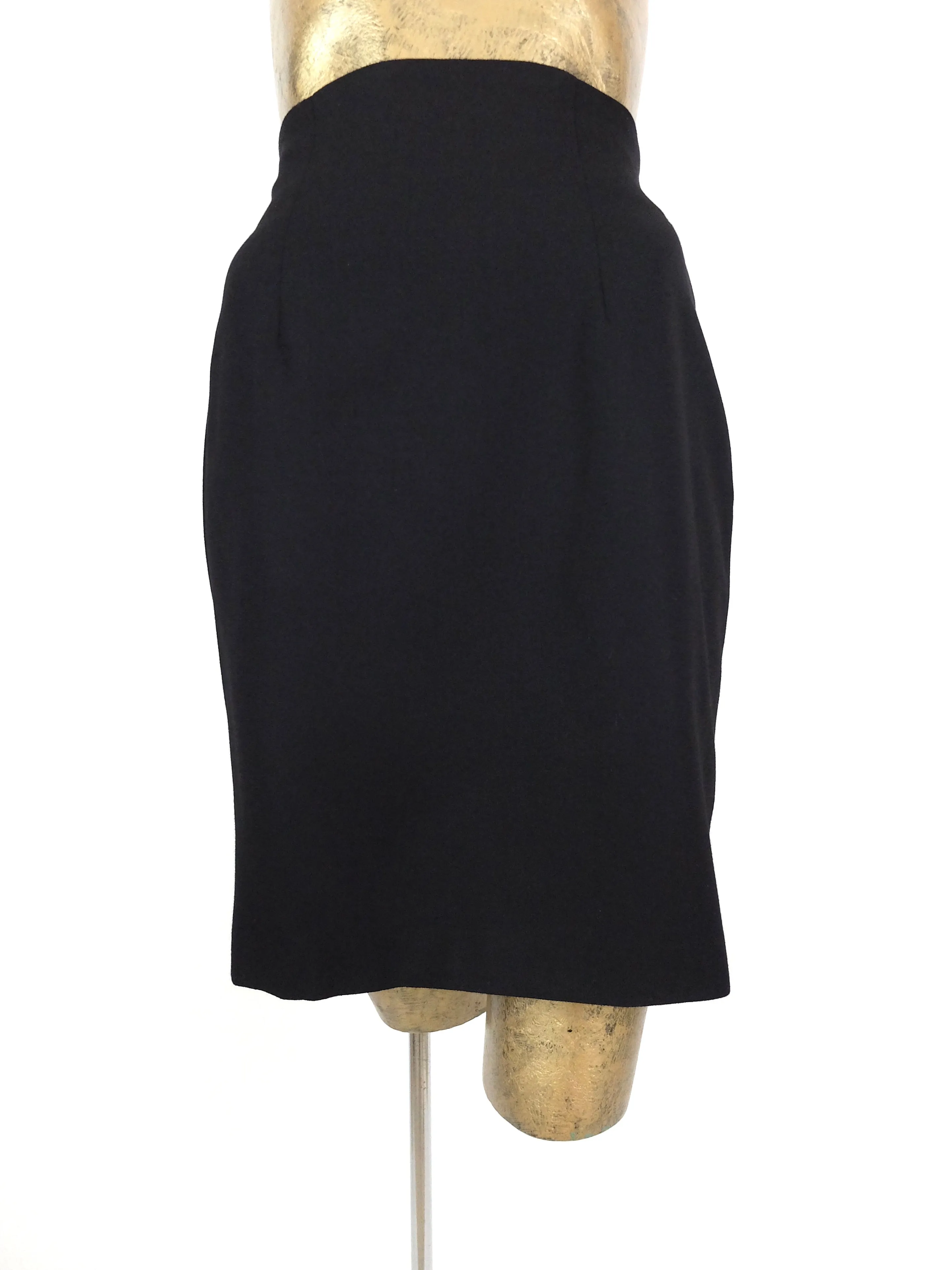 80s Black Wool High Waisted Above-the-Knee Formal Pencil Skirt