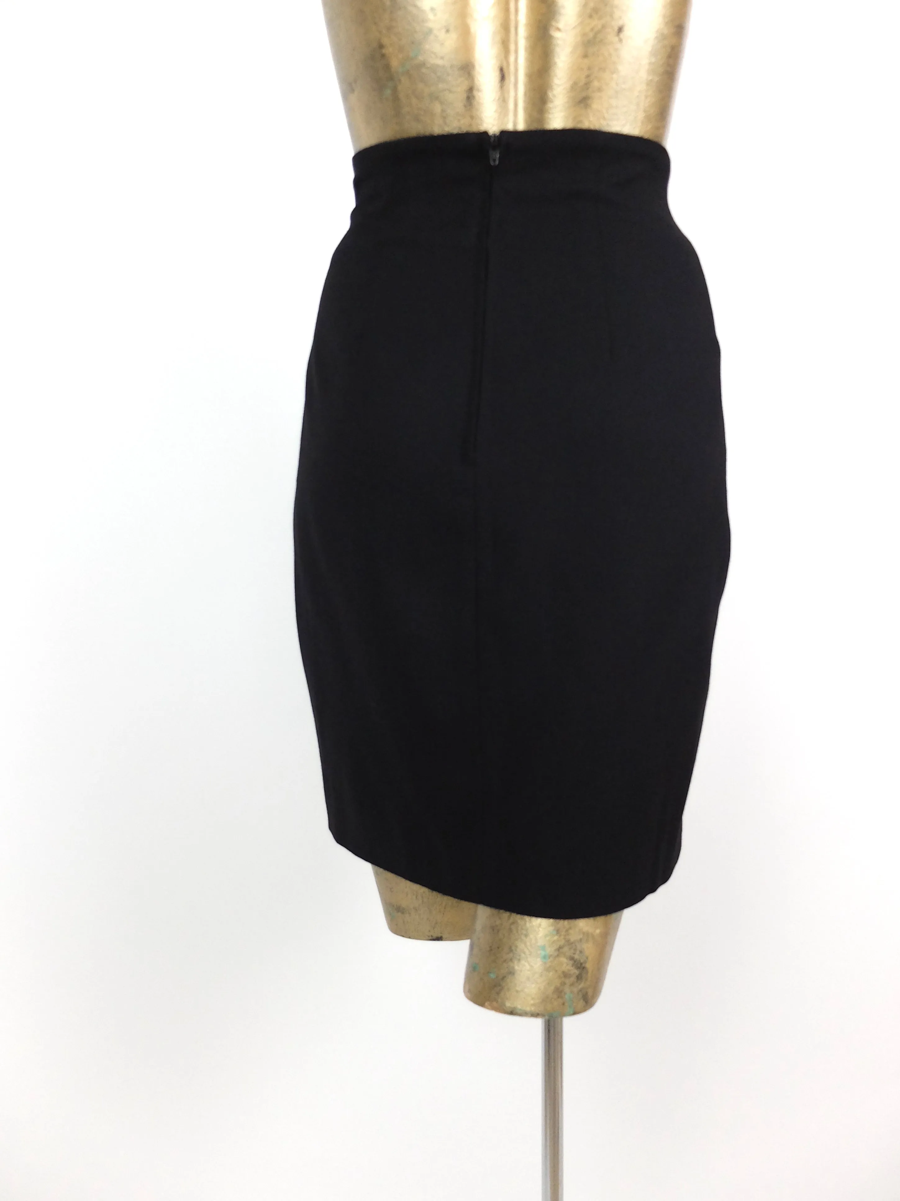 80s Black Wool High Waisted Above-the-Knee Formal Pencil Skirt