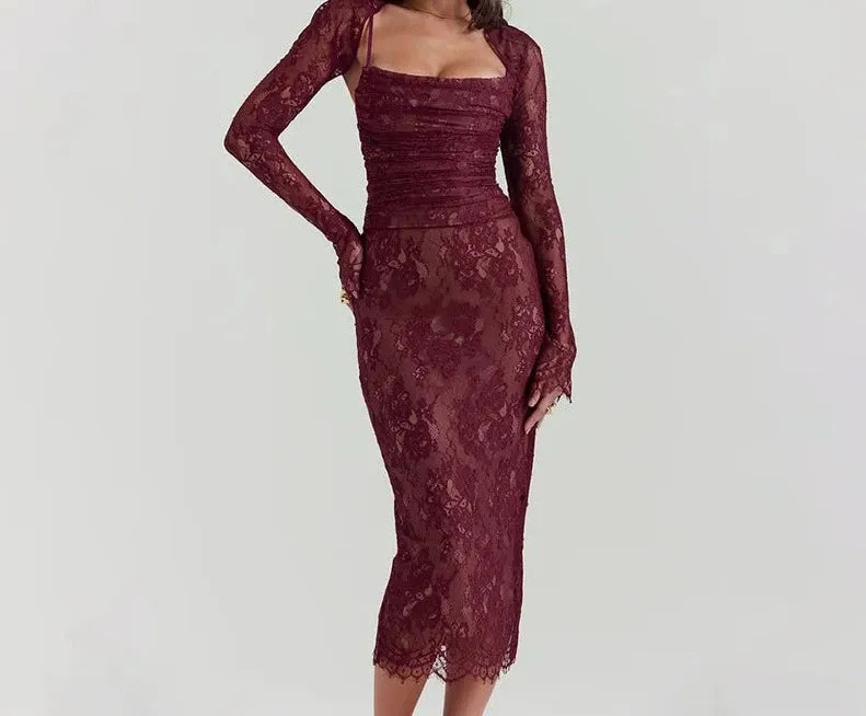 A&A Lace Print Bodycon Burgundy Midi Dress