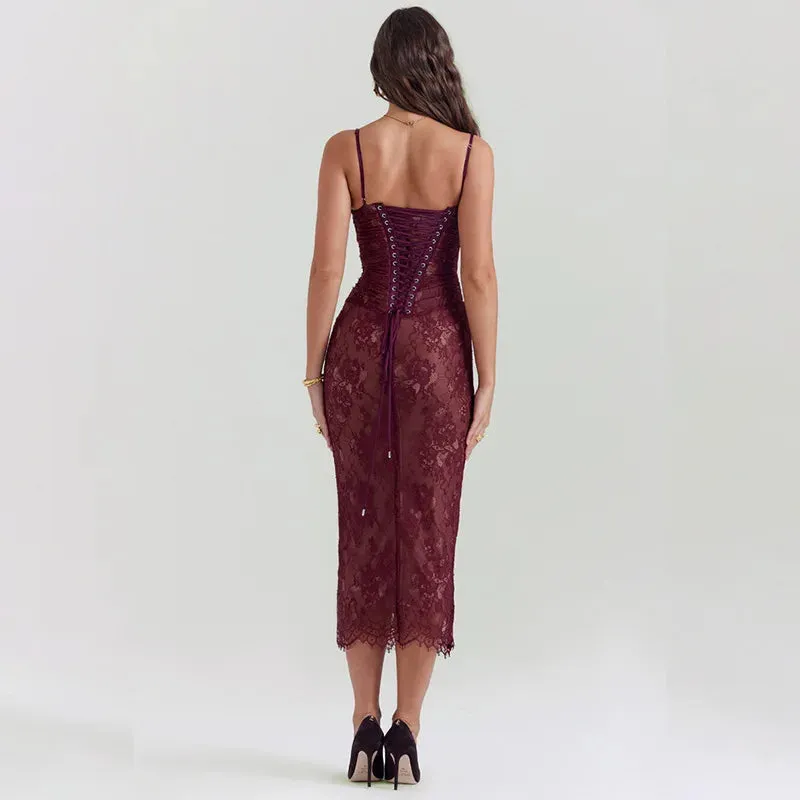 A&A Lace Print Bodycon Burgundy Midi Dress