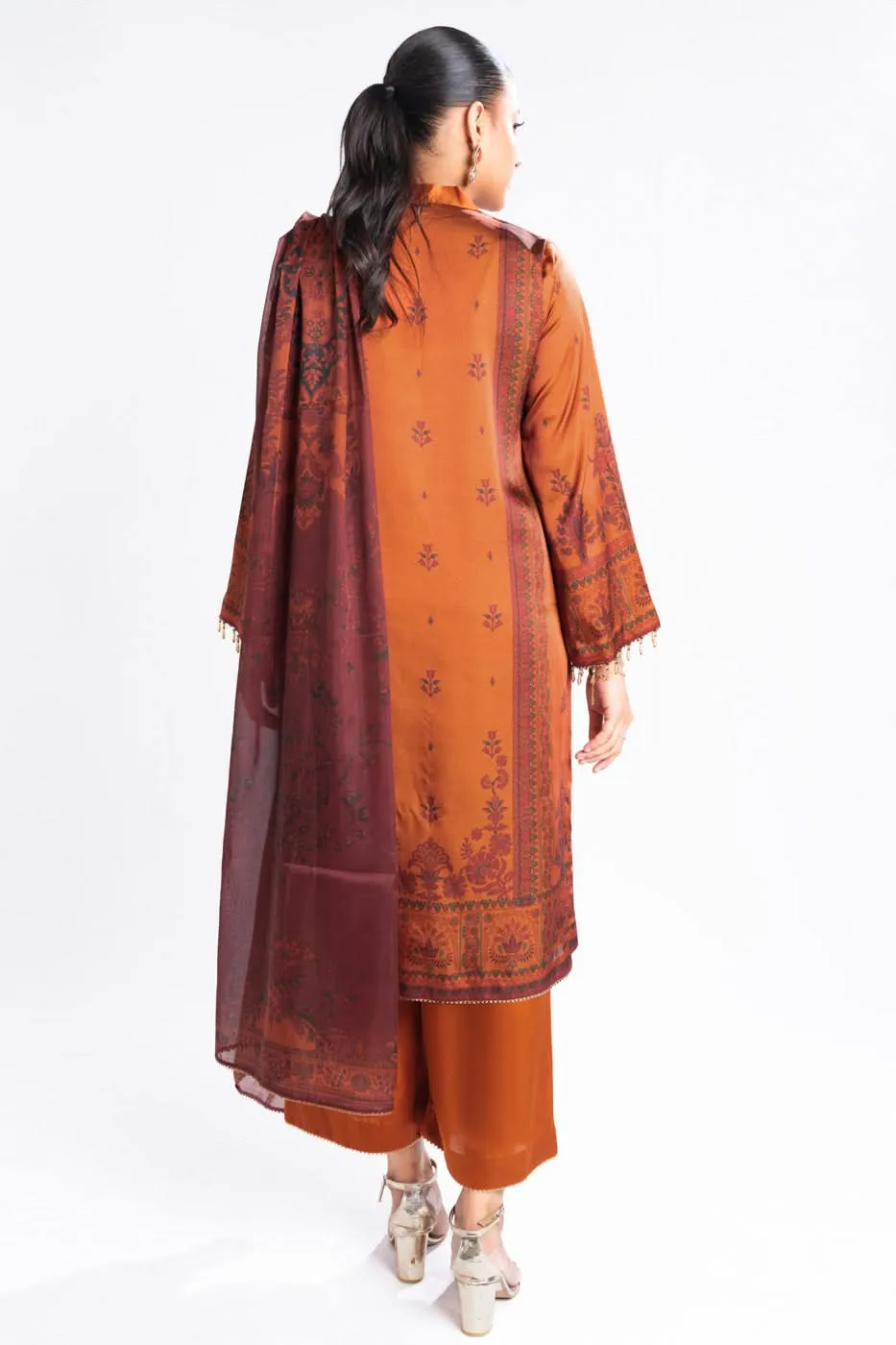 Alkaram Chamois Silk Suit With Printed Tissue Silk Dupatta – SK-02-24-Rust