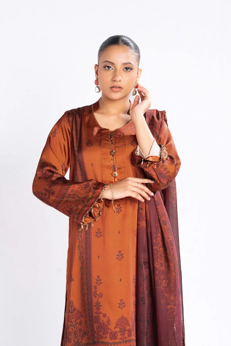 Alkaram Chamois Silk Suit With Printed Tissue Silk Dupatta – SK-02-24-Rust