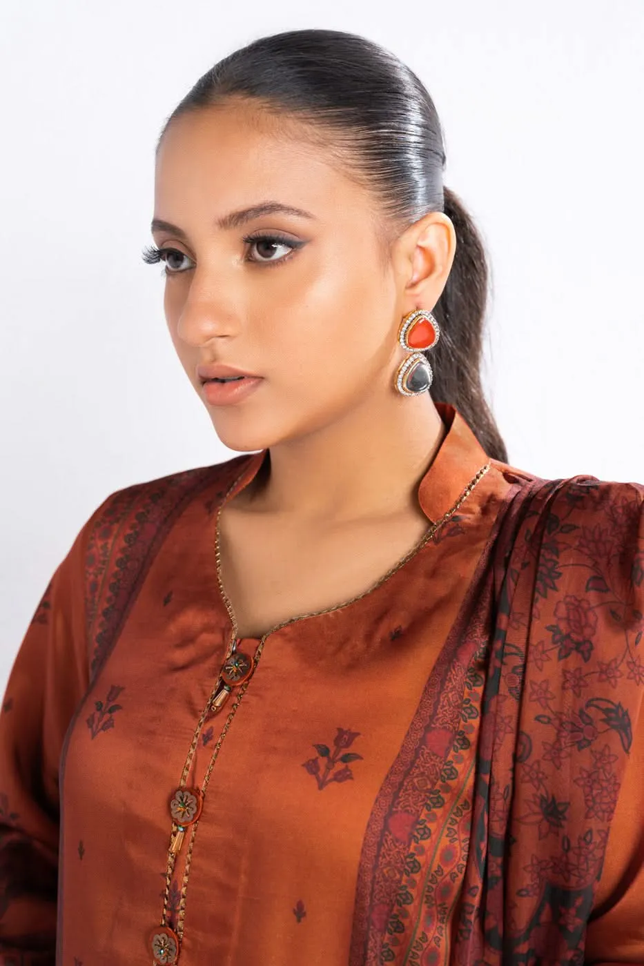 Alkaram Chamois Silk Suit With Printed Tissue Silk Dupatta – SK-02-24-Rust