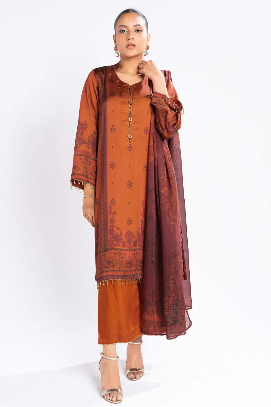 Alkaram Chamois Silk Suit With Printed Tissue Silk Dupatta – SK-02-24-Rust