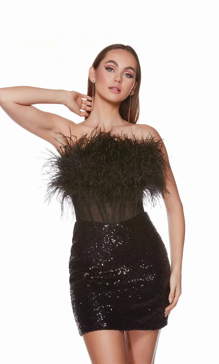 ALYCE Paris 4799 Sequin Mini Dress with Corset Style Feather Accented Bodice - Black, Red & Cameo Pink