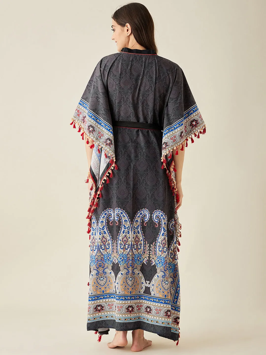 Black Paisley Printed Crepe Kaftan Nightdress  - The Kaftan Company