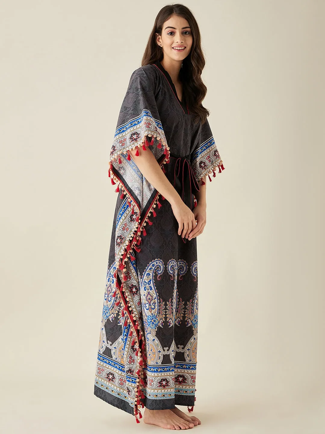 Black Paisley Printed Crepe Kaftan Nightdress  - The Kaftan Company