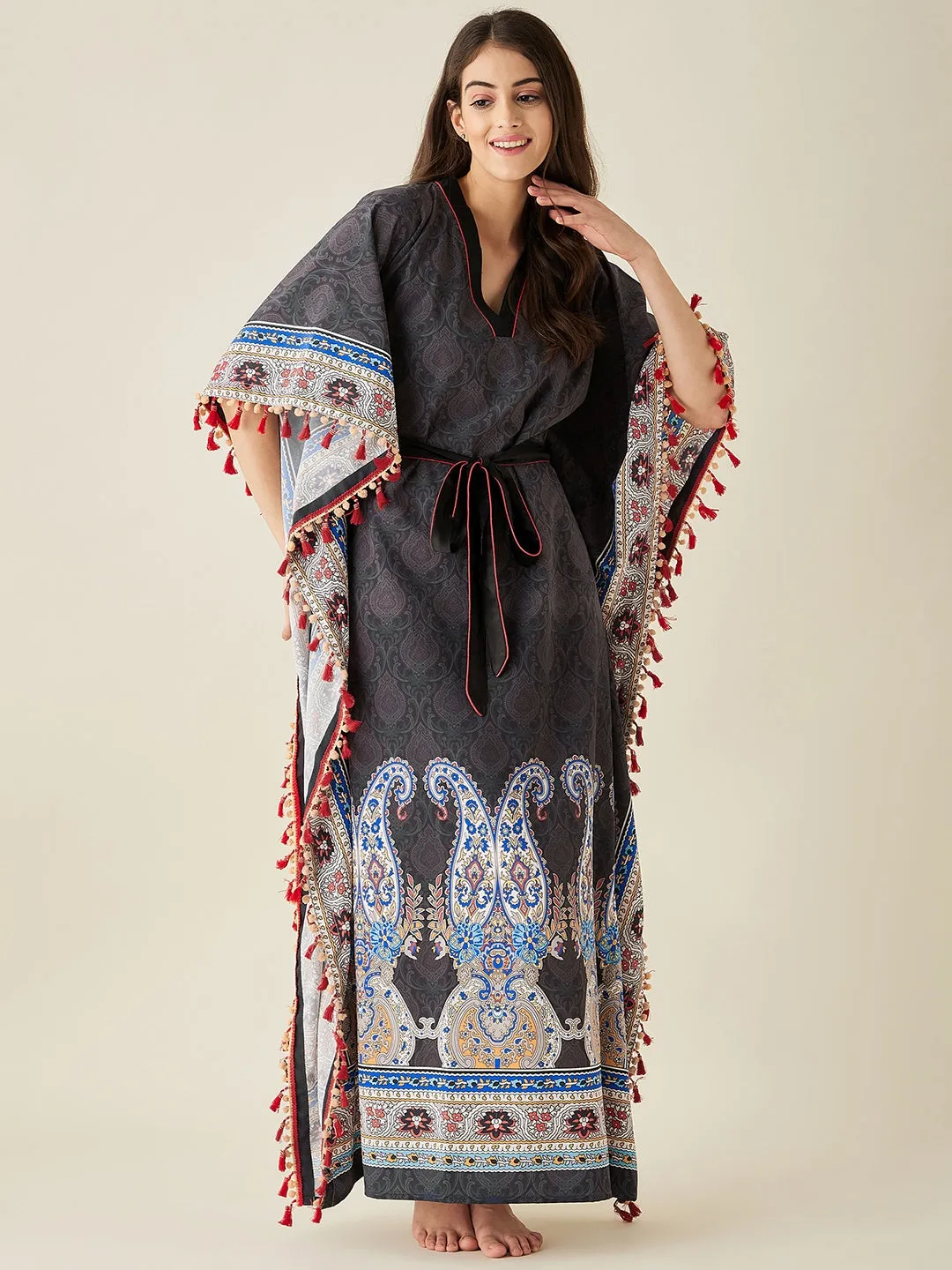 Black Paisley Printed Crepe Kaftan Nightdress  - The Kaftan Company