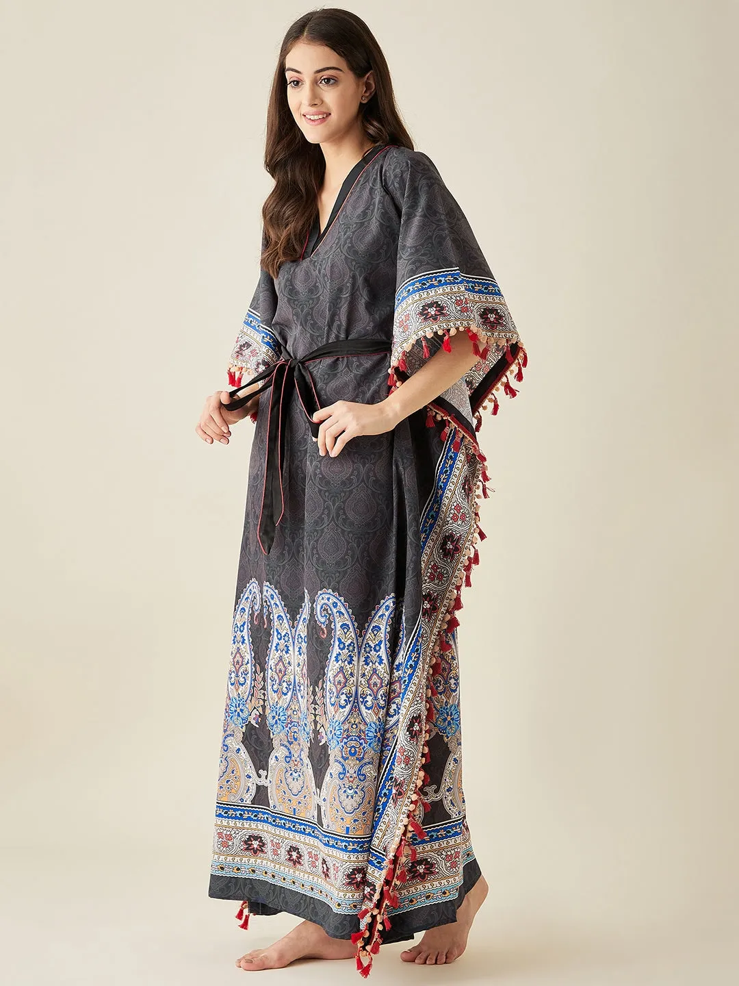 Black Paisley Printed Crepe Kaftan Nightdress  - The Kaftan Company