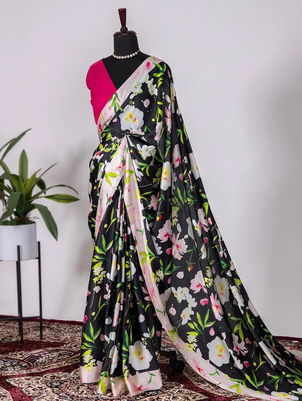 Black Satin Silk Printed Saree