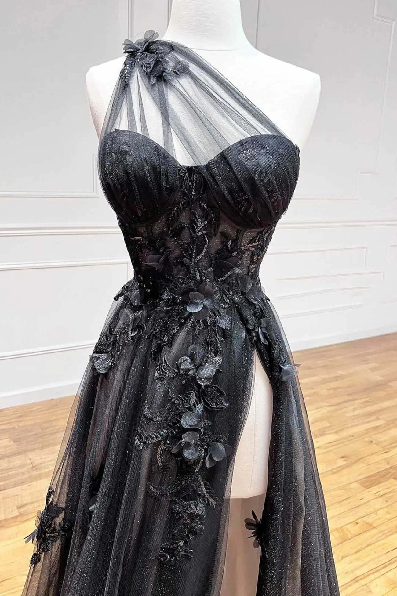 Black Tulle Lace Long Prom Dress One Shoulder Evening Dress with Slit