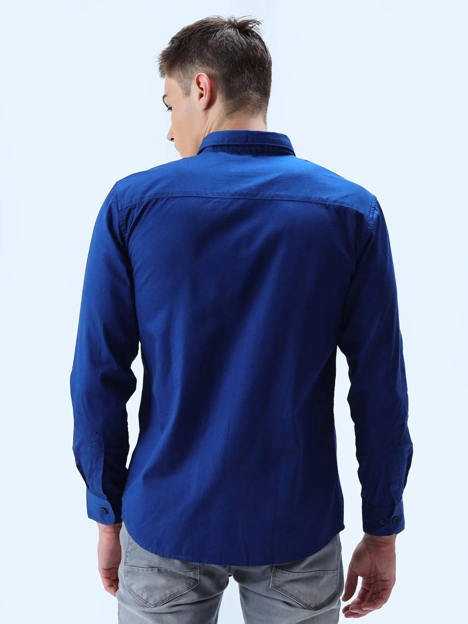 Blue Solid Cotton Full Sleeve Shirt