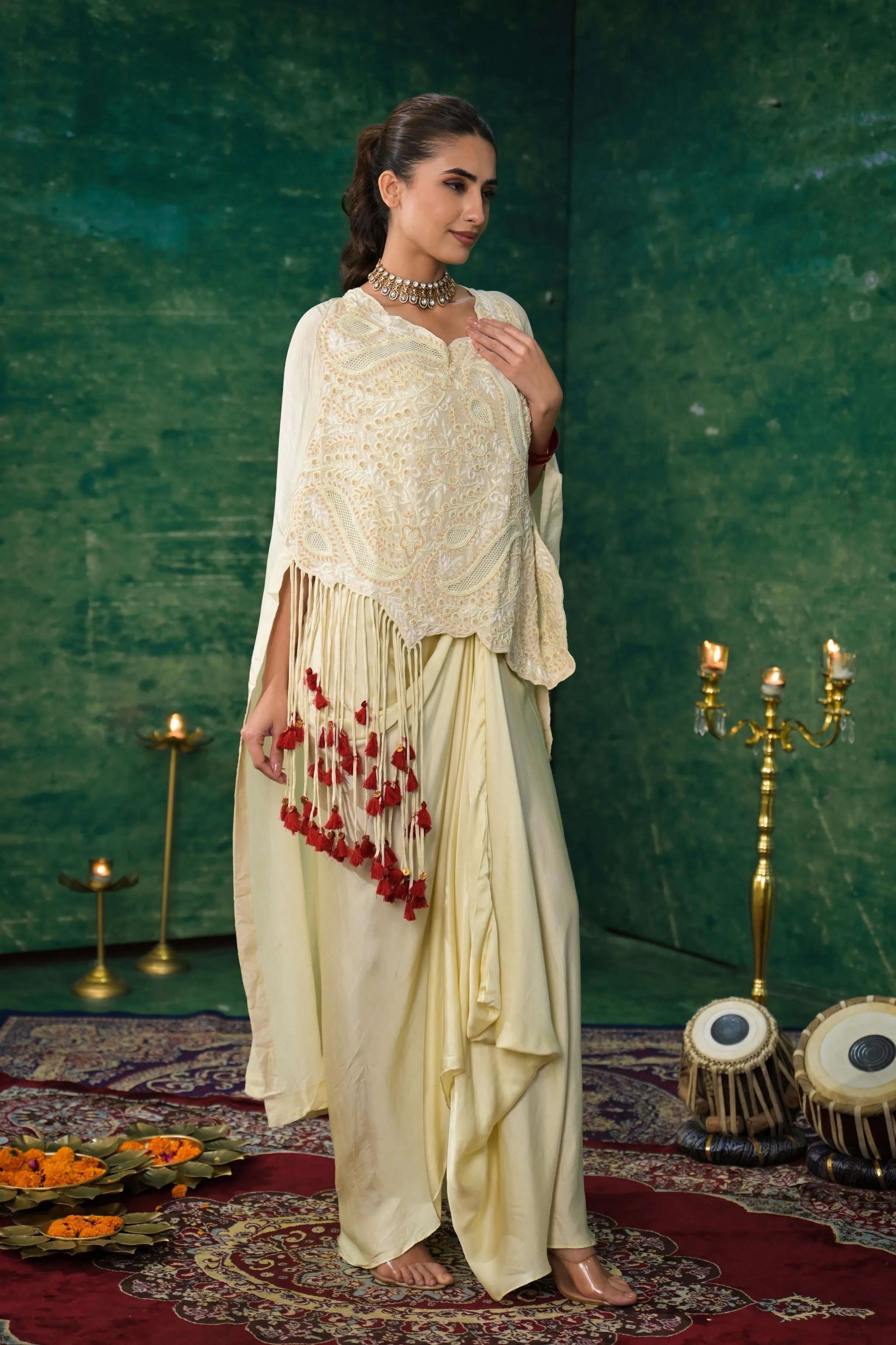 Bright Cream Embroidered Spanish Silk Skirt Set