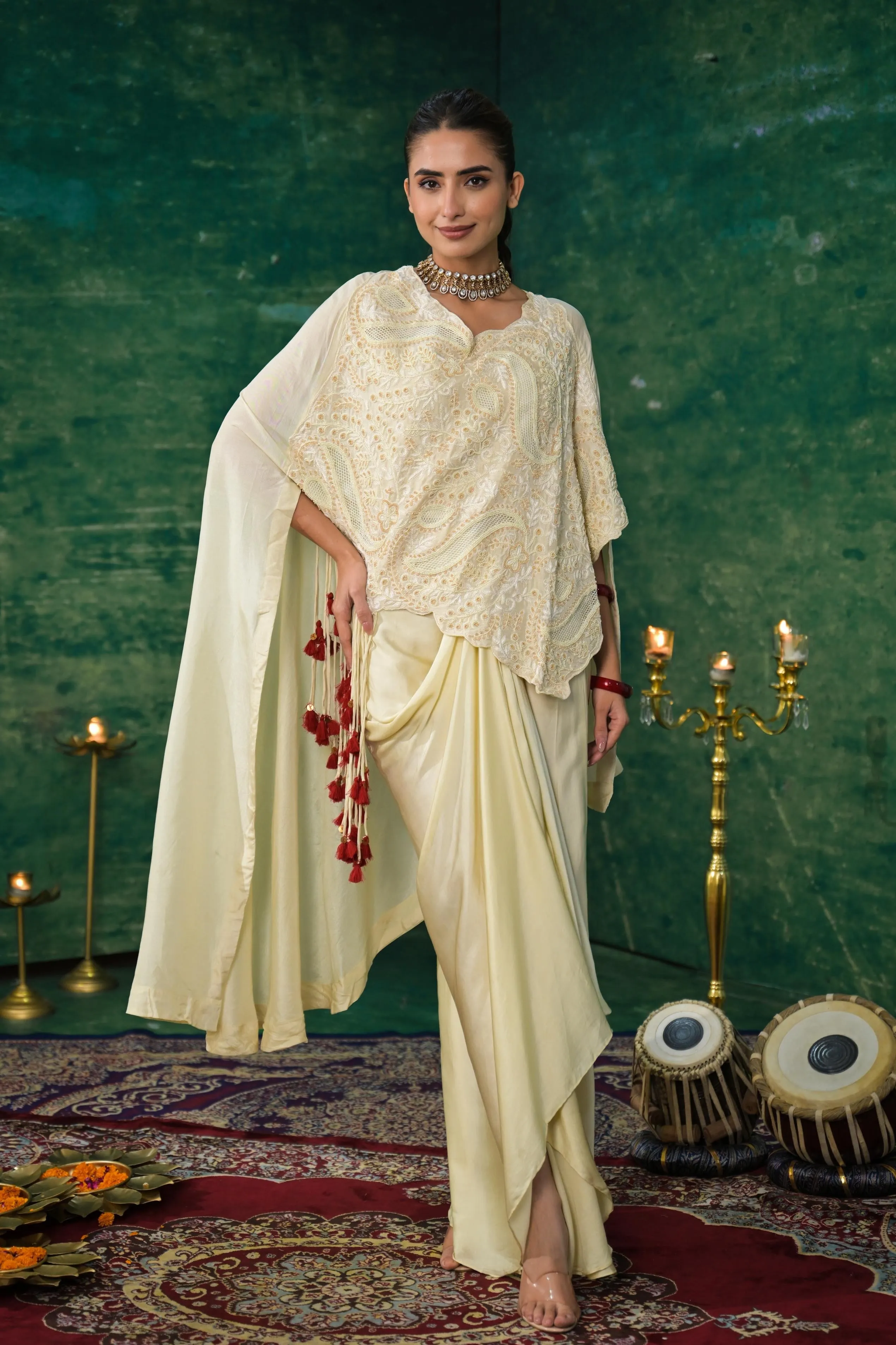 Bright Cream Embroidered Spanish Silk Skirt Set