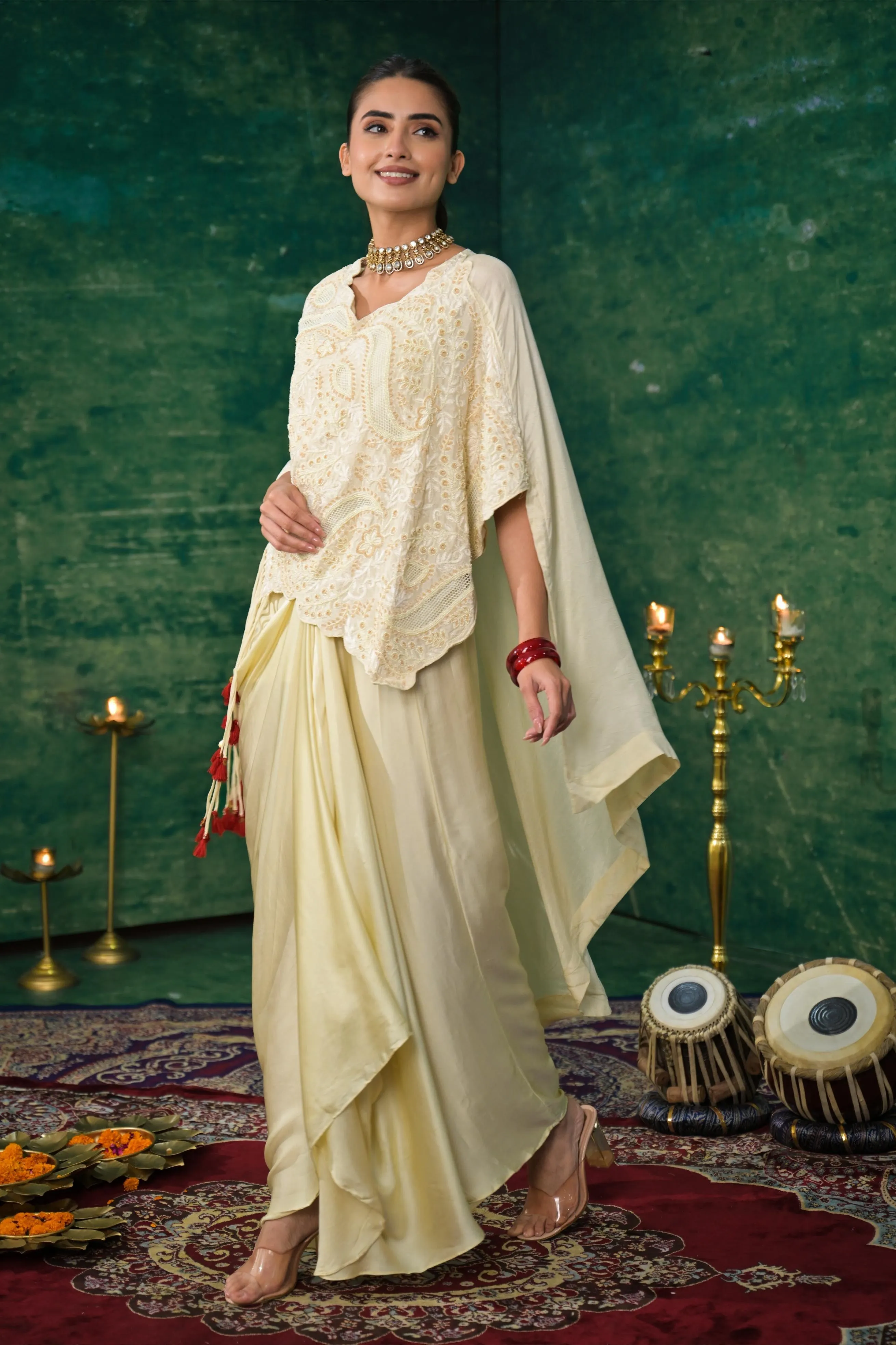 Bright Cream Embroidered Spanish Silk Skirt Set