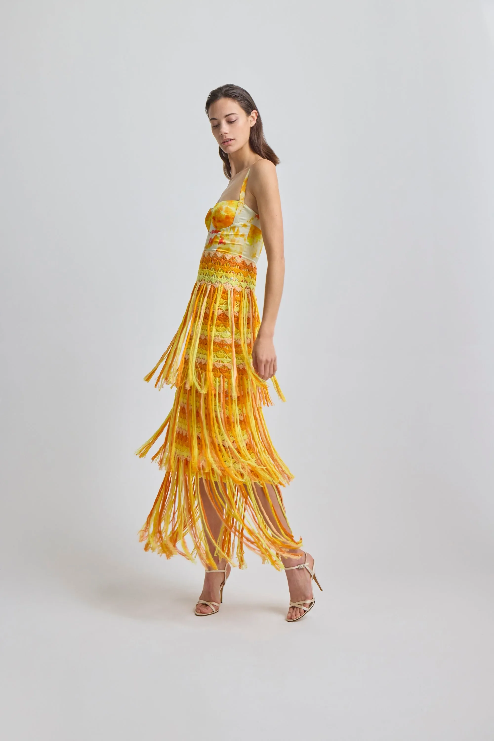 Bustier Dress with Crochet Fringe in Yellow Ice Dye Print