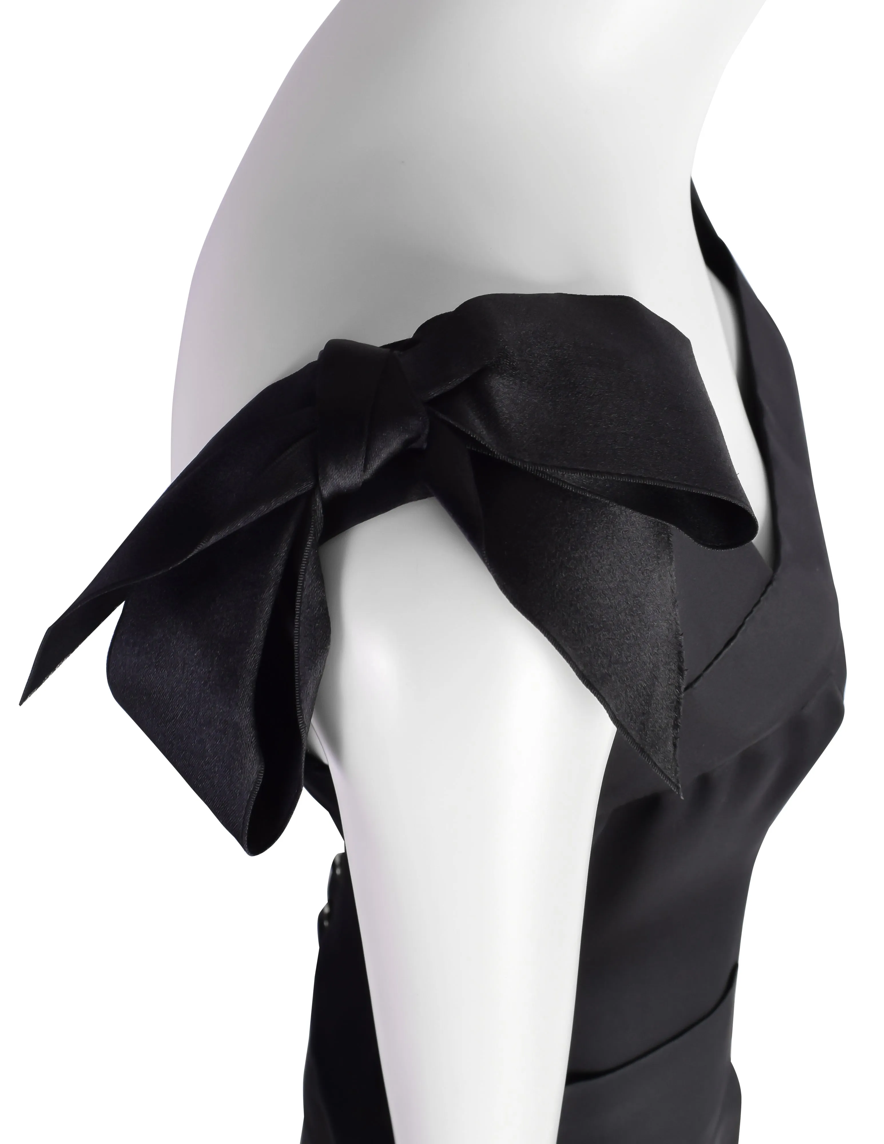 Chanel Vintage 1990s Black Silk Satin Bow Pleated Mini Dress