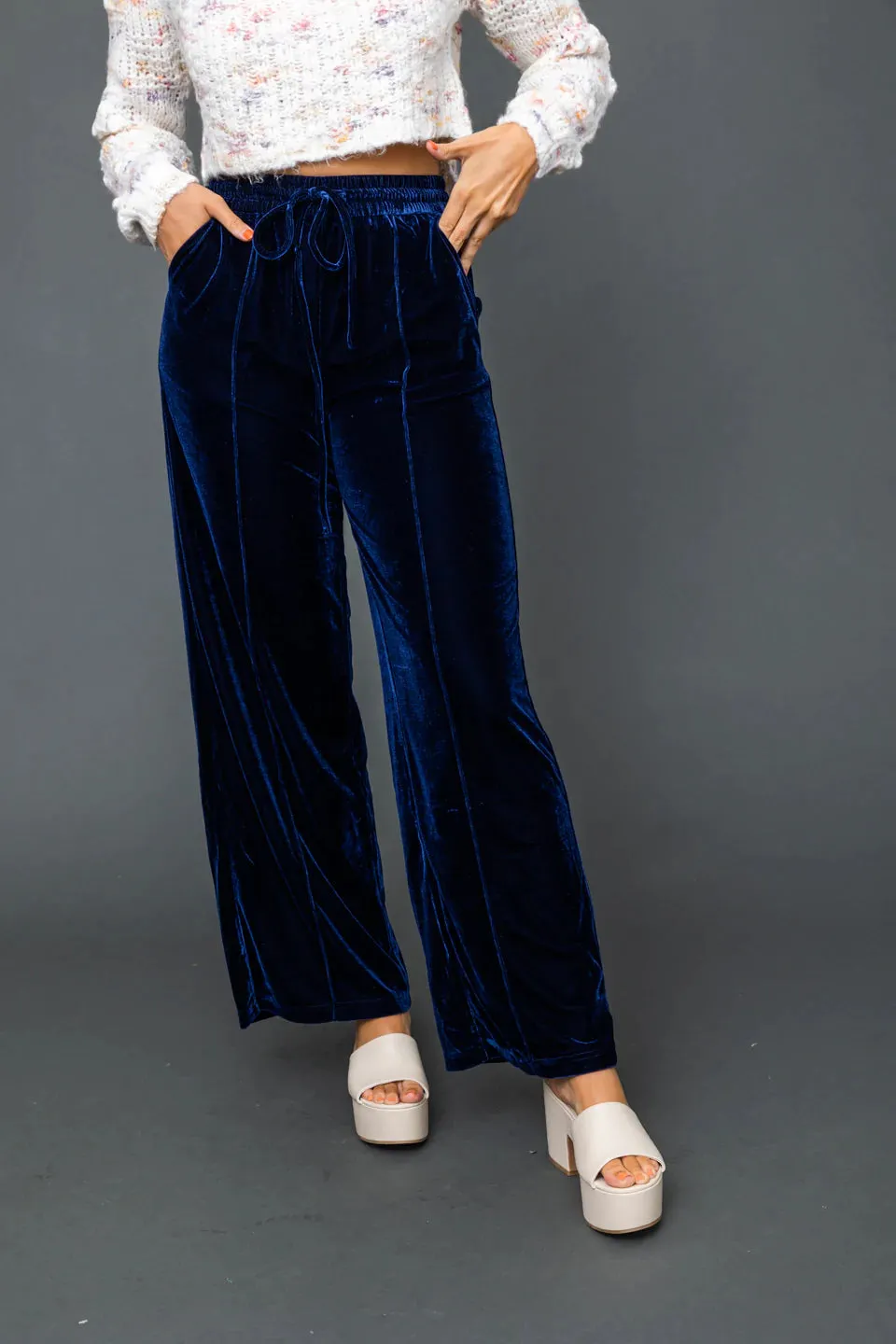 FRNCH Jessica Blue Marine Velvet Wide Leg Pants