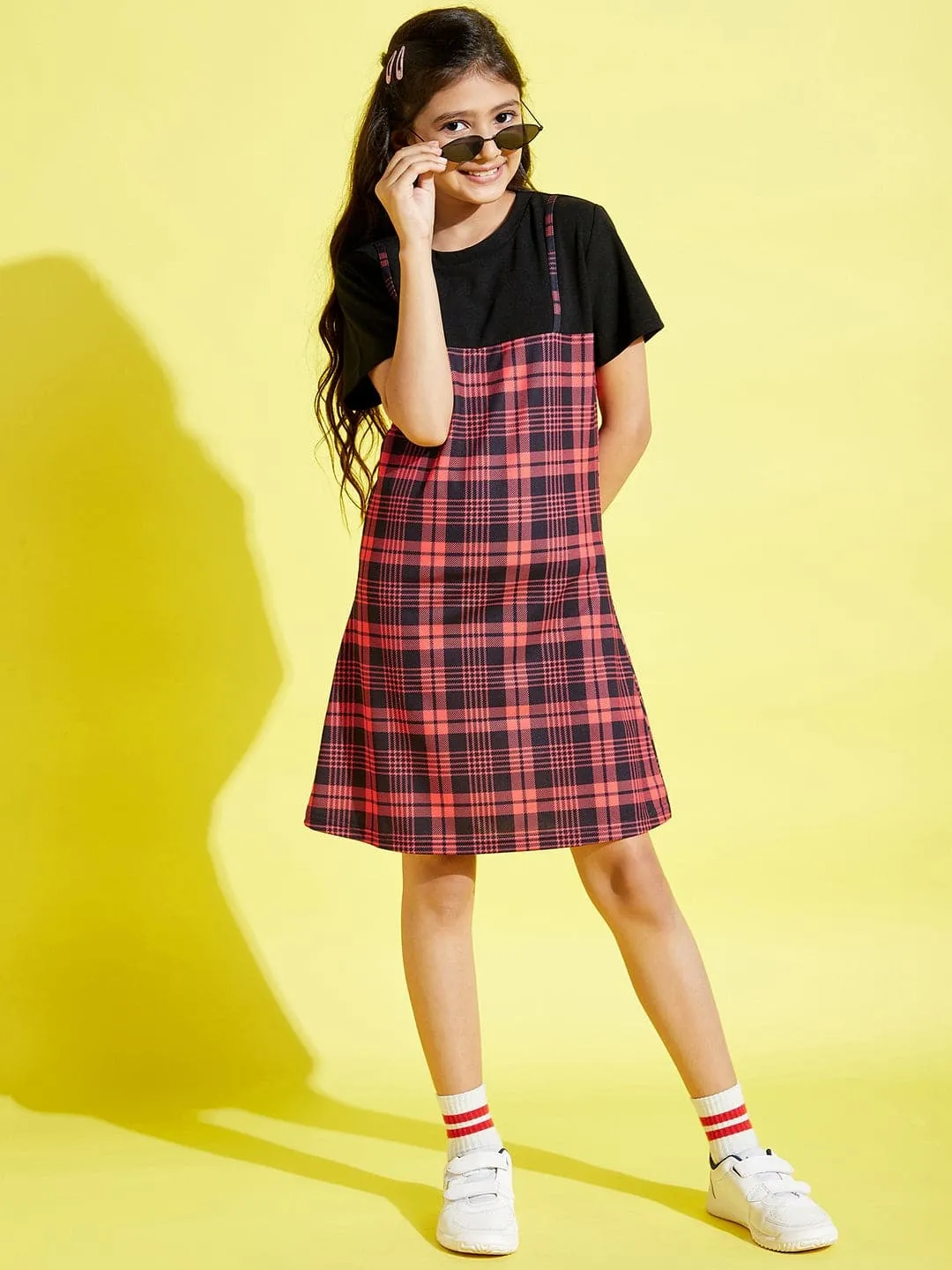 Girls Red & Black Check Print A-Line Dress