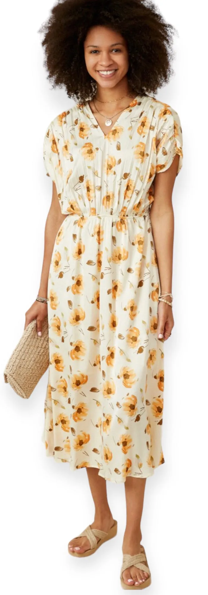 Lily Beige Floral Mid-Length Dress