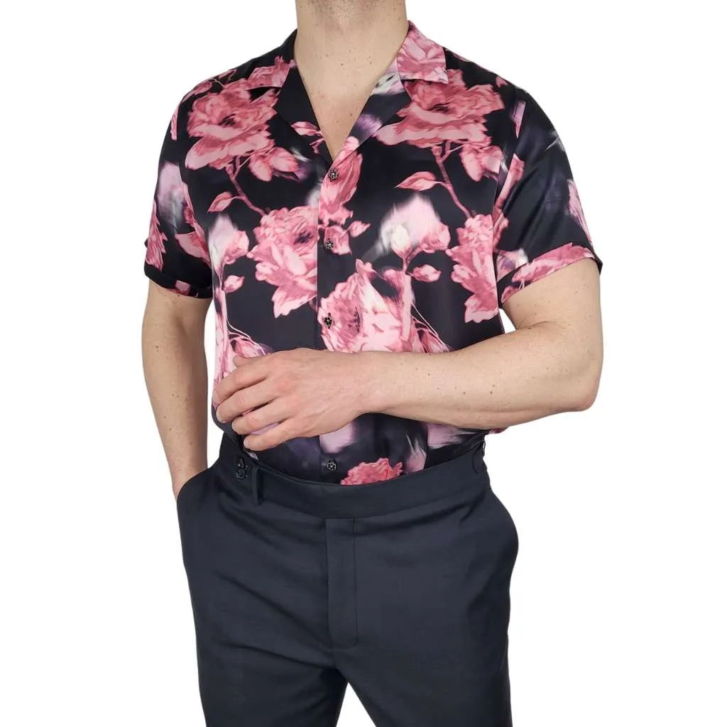 Mens Black Floral Short Sleeve Silk Shirt