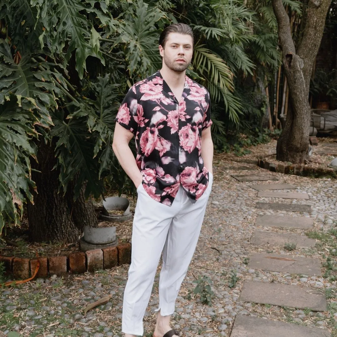 Mens Black Floral Short Sleeve Silk Shirt