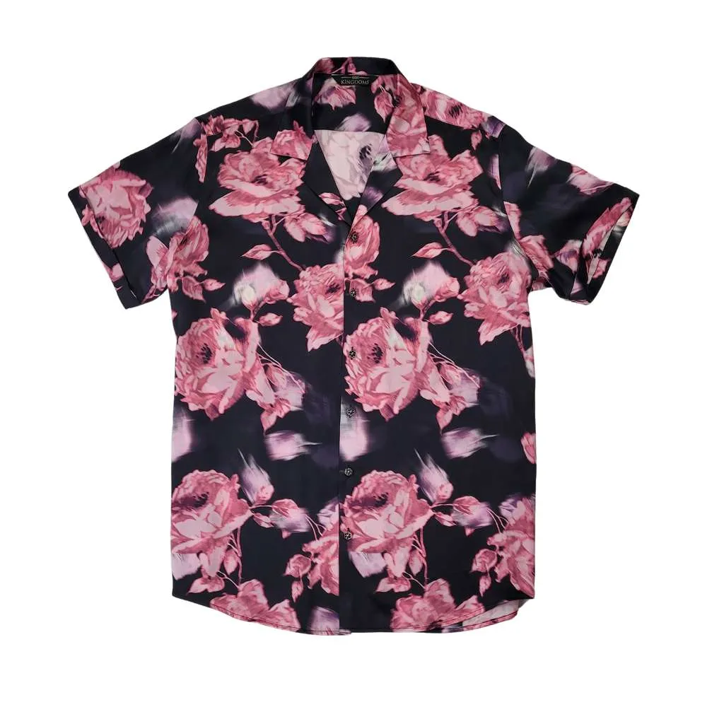 Mens Black Floral Short Sleeve Silk Shirt