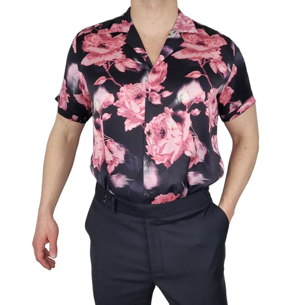 Mens Black Floral Short Sleeve Silk Shirt