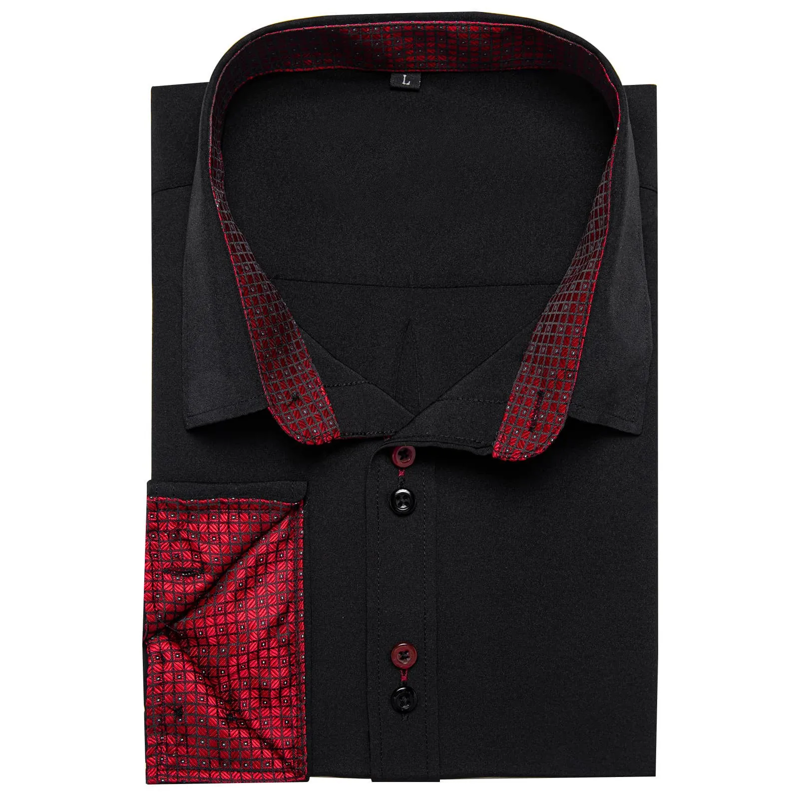 Ties2you Dress Shirt for Men Black Solid Red Plaid Splicing Silk Button Down Shirt