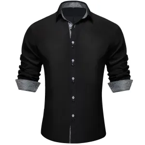 Ties2you Dress Shirt for Men Black Solid White Plaid Splicing Long Sleeve Shirt