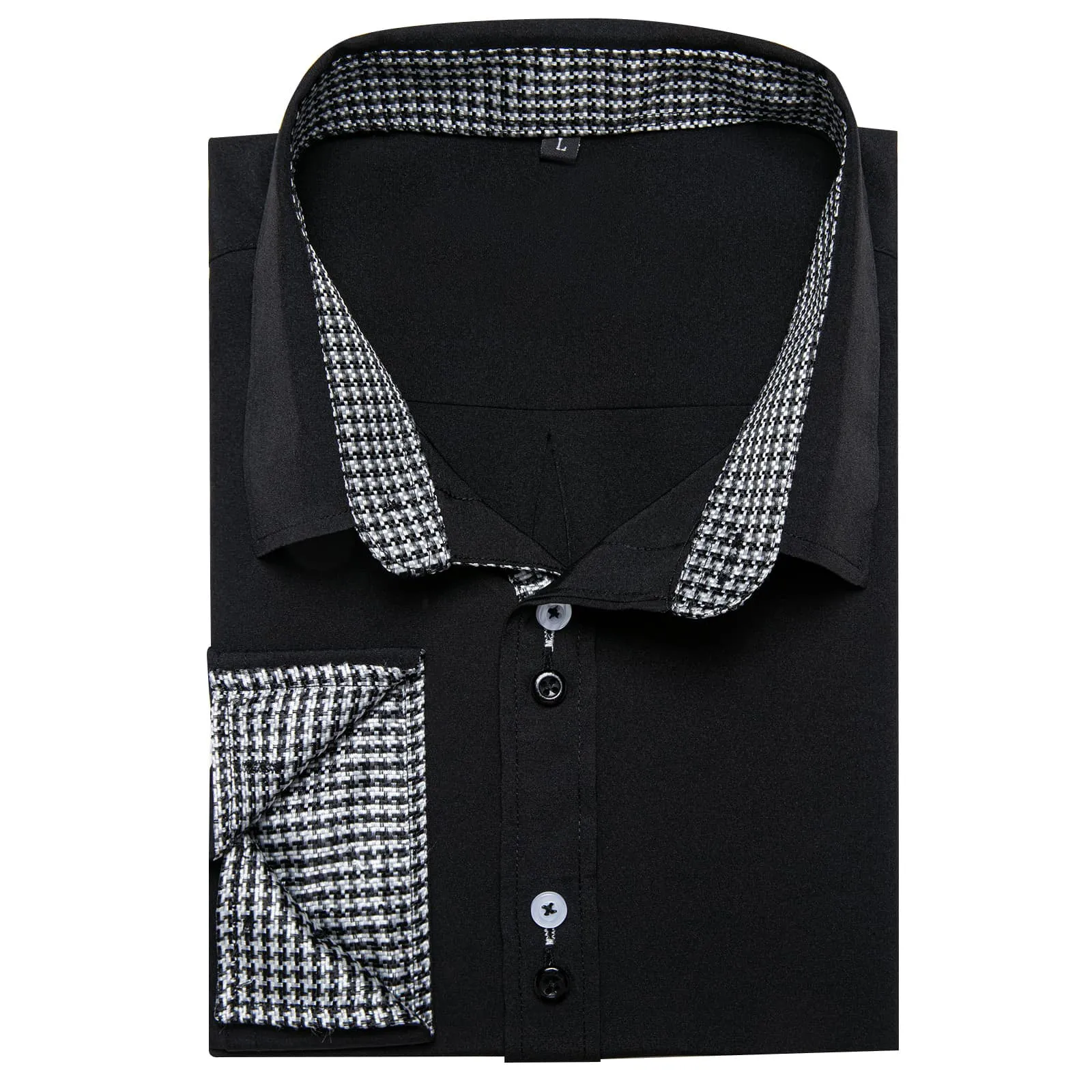 Ties2you Dress Shirt for Men Black Solid White Plaid Splicing Long Sleeve Shirt