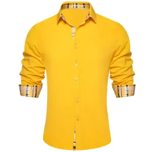 Ties2you Dress Shirt for Men Canary Yellow Solid Splicing Silk Long Sleeve Shirt