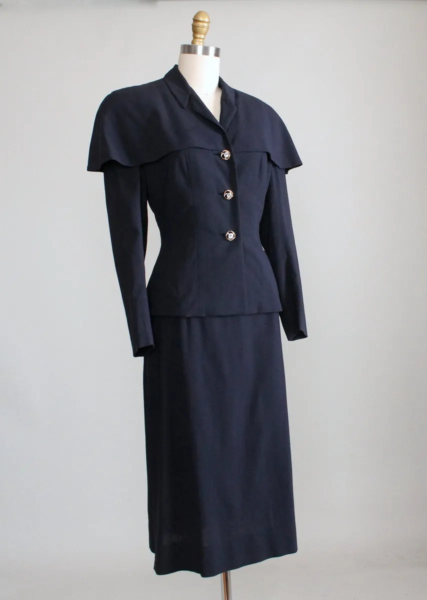 Vintage 1940s Navy Suit with Cape Shoulders