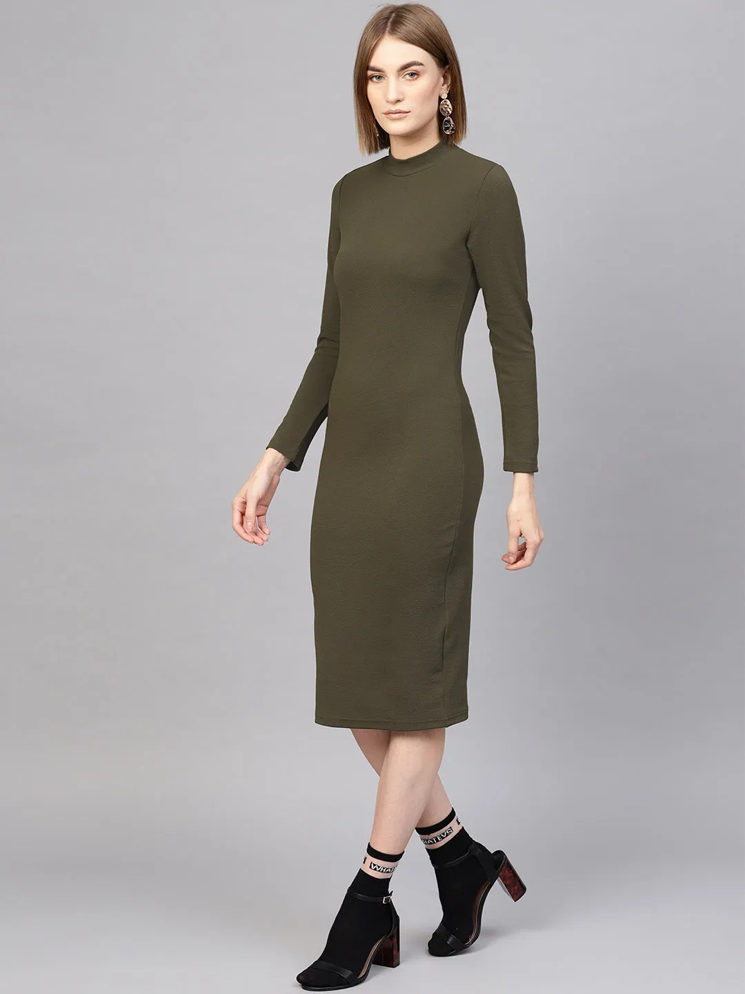 Women Olive High Neck Bodycon Midi Dress