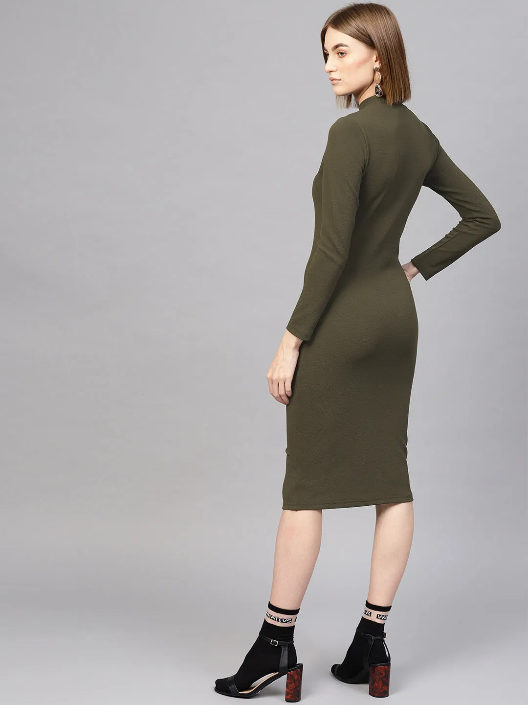 Women Olive High Neck Bodycon Midi Dress