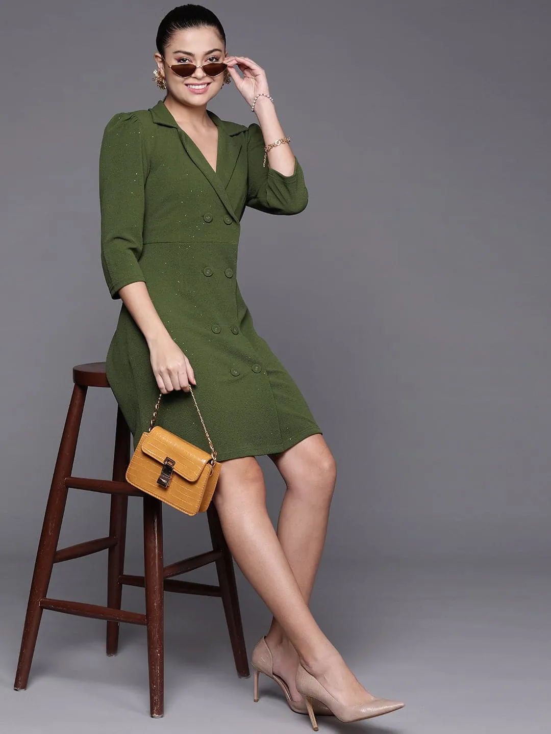 Women Olive Shimmer Double Breasted Blazer Dress