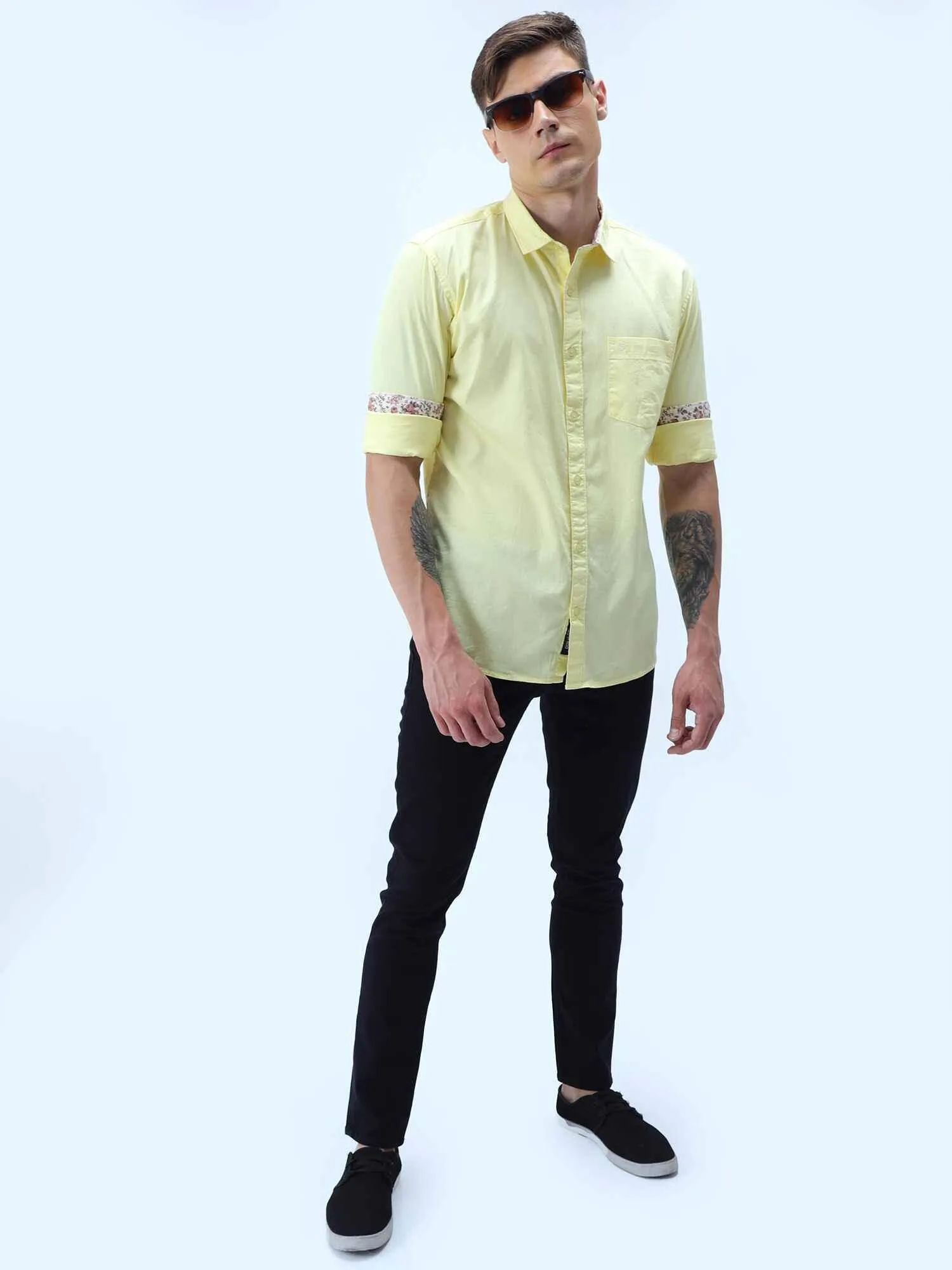 Yellow Solid Cotton Full Sleeve Shirt